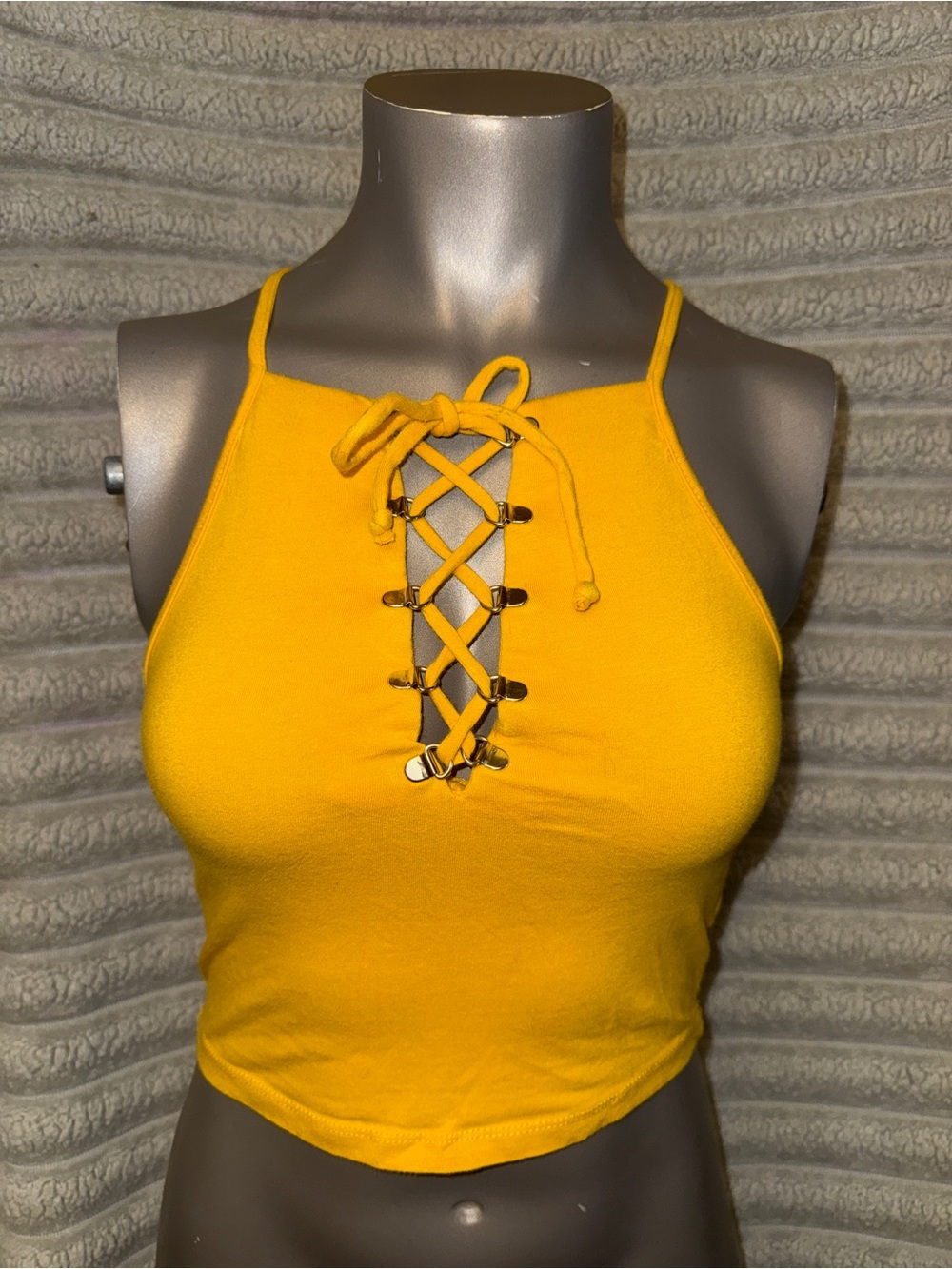 Ambiance Apparel Mustard Yellow Lace-Up Crop Top | S